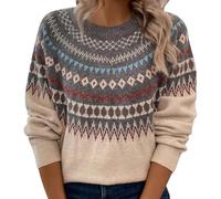 Fairisle Jumper Women Long Sleeve Plus Size Womens Sweaters Fair Isle Norwegian Retro Print Knitted Sweaters Casual Loose Lightweight Crewneck Striped Jumpers Basic Ladies Christmas Jumpers