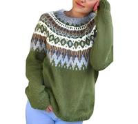 Fairisle Jumper Women Long Sleeve Plus Size Womens Sweaters Fair Isle Norwegian Retro Print Knitted Sweaters Casual Loose Lightweight Crewneck Striped Jumpers Basic Ladies Christmas Jumpers