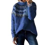 Fairisle Jumper Women Long Sleeve Plus Size Womens Sweaters Fair Isle Norwegian Retro Print Knitted Sweaters Casual Loose Lightweight Crewneck Striped Jumpers Basic Ladies Christmas Jumpers