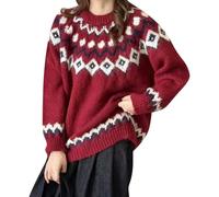 Fairisle Jumper Women Long Sleeve Plus Size Womens Sweaters Fair Isle Norwegian Retro Print Knitted Sweaters Casual Loose Lightweight Crewneck Striped Jumpers Basic Ladies Christmas Jumpers