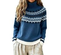 Fairisle Jumpers for Women Icelandic Mock Turtleneck Wool Sweaters | Vintage Long Sleeve Knitted Nordic Pullover Autumn Winter Plus Size Thermal Sweatshirts Halloween Christmas Tops Knitwear