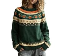 Fairisle Jumpers For Women, Pumpkin Jacquard Retro Festive Knitted Sweater | Long Sleeve Crew Neck Ladies Pullover Tops,Classic Halloween Fall-Themed Pattern,Soft Warm Cosy Jumper For Holiday Daily Wear