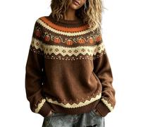 Fairisle Jumpers For Women, Pumpkin Jacquard Retro Festive Knitted Sweater | Long Sleeve Crew Neck Ladies Pullover Tops,Classic Halloween Fall-Themed Pattern,Soft Warm Cosy Jumper For Holiday Daily Wear