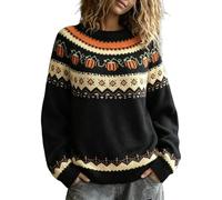 Fairisle Jumpers For Women, Pumpkin Jacquard Retro Festive Knitted Sweater | Long Sleeve Crew Neck Ladies Pullover Tops,Classic Halloween Fall-Themed Pattern,Soft Warm Cosy Jumper For Holiday Daily Wear