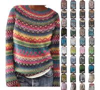 Fairisle Jumpers for Women Stylish Long Sleeves Isle Print Autumn Winter Holidays Knitting Pullover Jumper Vintage Crewneck Loose Fit Boho Christmas Daily Work Travel Ladies Knitwear Sweaters