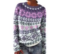 Fairisle Jumpers for Women UK Classic Fit Icelandic Jacquard Chunky Sweaters Casual Long Sleeve Nordic Jumper Ladies Cosy Warm Baggy Crew Neck Knitted Pullover Elegant Loose Fall Tops Purple