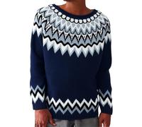Fairisle Jumpers for Women UK Icelandic Sweaters Soft Nordic Jumpers Cosy Warm Crew Neck Long Sleeves Autumn Sweater Casual Pullover Tops Ladies Christmas Knitwear, Blue, 3XL