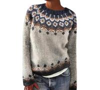 Fairisle Jumpers for Women UK Vintage Long Sleeve Crew Neck Icelandic Sweater Nordic Patterned Jumpers Autumn Winter Cosy Warm Knit Pullover Lightweight Plus Size Oversized Sweatshirt Knitwear
