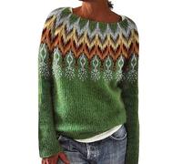 Fairisle Jumpers for Women UK Vintage Long Sleeve Crew Neck Icelandic Sweater Nordic Patterned Jumpers Autumn Winter Cosy Warm Knit Pullover Lightweight Plus Size Oversized Sweatshirt Knitwear