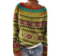 Fairisle Jumpers for Women UK Vintage Long Sleeve Crew Neck Icelandic Sweater Nordic Patterned Jumpers Autumn Winter Cosy Warm Knit Pullover Lightweight Plus Size Oversized Sweatshirt Knitwear