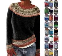 Fairisle Jumpers For Women Uk Winter Warm Icelandic Jumpers For Women Casual Long Sleeves Pullover Sweaters Lightweight Slim Fit Knitted Sweater Fleece Tunic Tops Fashion Crew Neck Cashmere Jumper