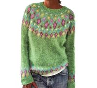 Fairisle Norwegian Jumpers for Women UK Women's Retro Art Printed Chenille Knitted Fair Isle Sweaters Round Neck Halloween Christmas Casual Ski Long Sleeve Tops Travel Essentials Pullover for Mom