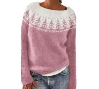 Fairisle Norwegian Jumpers for Women UK Women's Retro Art Printed Chenille Knitted Fair Isle Sweaters Round Neck Halloween Christmas Casual Ski Long Sleeve Tops Travel Essentials Pullover for Mom