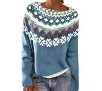 Fairisle Norwegian Jumpers for Women UK Women's Retro Art Printed Chenille Knitted Fair Isle Sweaters Round Neck Halloween Christmas Casual Ski Long Sleeve Tops Travel Essentials Pullover for Mom