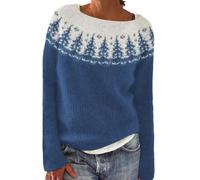 Fairisle Norwegian Jumpers for Women UK Women's Retro Art Printed Chenille Knitted Fair Isle Sweaters Round Neck Halloween Christmas Casual Ski Long Sleeve Tops Travel Essentials Pullover for Mom