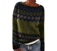 Fairisle Norwegian Jumpers for Women UK Women's Retro Art Printed Chenille Knitted Fair Isle Sweaters Round Neck Halloween Christmas Casual Ski Long Sleeve Tops Travel Essentials Pullover for Mom
