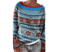 Fairisle Norwegian Jumpers for Women UK Women's Retro Art Printed Chenille Knitted Fair Isle Sweaters Round Neck Halloween Christmas Casual Ski Long Sleeve Tops Travel Essentials Pullover for Mom