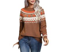 Fairisle Norwegian Jumpers for Women UK Women's Retro Art Printed Pumpkin Knitted Fair Isle Sweaters Round Neck Halloween Christmas Casual Long Sleeve Tops Outdoor Thermal Pullover for Mom Orange