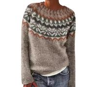 Fairisle Norwegian Jumpers Women's Retro Art Printed Comfortable Casual Knitted Round Neck Pullover Halloween Christmas Ski Long Tunic Tops for Women UK Travel Essentials Women Pullover for Mom