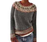Fairisle Norwegian Jumpers Women's Retro Art Printed Comfortable Casual Knitted Round Neck Pullover Halloween Christmas Ski Long Tunic Tops for Women UK Travel Essentials Women Pullover for Mom