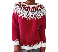 Fairisle Norwegian Jumpers Women's Retro Art Printed Comfortable Casual Knitted Round Neck Pullover Halloween Christmas Ski Long Tunic Tops for Women UK Travel Essentials Women Pullover for Mom