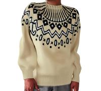 Fairisle Norwegian Jumpers Women's Retro Art Printed Comfortable Casual Knitted Round Neck Pullover Halloween Christmas Ski Long Tunic Tops for Women UK Travel Essentials Women Pullover for Mom