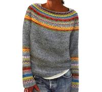 Fairisle Norwegian Jumpers Women's Retro Art Printed Comfortable Casual Knitted Round Neck Pullover Halloween Christmas Ski Long Tunic Tops for Women UK Travel Essentials Women Pullover for Mom