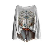 Fairisle Norwegian Women's Jumpers Ethnic Art Print Casual Pullover Knitted Sweaters for Women UK Fashion Long Sleeve Tops Chenille Crewneck Blouse Warm Layer Fair Isle Sweater Women Winter Essentials