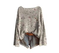 Fairisle Norwegian Women's Jumpers Ethnic Art Print Casual Pullover Knitted Sweaters for Women UK Fashion Long Sleeve Tops Chenille Crewneck Blouse Warm Layer Fair Isle Sweater Women Winter Essentials