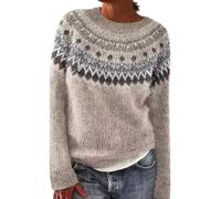 Fairisle Womens Jumpers New Icelandic Sweaters for Women Uk Soft Lightweight Nordic Tunic Tops Crewneck Sweater Autumn Winter Warm Pullover Vintage Isle Print Jacquard Knitwear Plus Size Sweatshirt