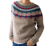 Fairisle Womens Jumpers New Icelandic Sweaters for Women Uk Soft Lightweight Nordic Tunic Tops Crewneck Sweater Autumn Winter Warm Pullover Vintage Isle Print Jacquard Knitwear Plus Size Sweatshirt