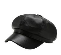 Fairnull Women Winter Beret Breathable Octagonal Hat Women's Spring Summer Retro Solid Color Faux Leather Short Brim Decorative Sun Black