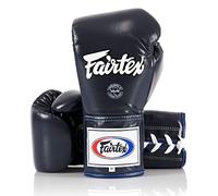 Fairtex Pro Leather Laced Competition Gloves - Locked Thumb for Muay Thai and Boxing (Blue, 8 oz)