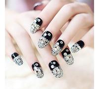 Fairvir Glitter Fake Nails Black Crystal Bling Rhinestone Oval Full cover False Nails Birthday Party Clip on Nails for Women and Girls(24Psc)