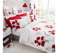 FAIRWAYUK Floral Bedding Set, Red Duvet Cover Double Bed Size with Pillowcase, Ultra Soft Reversible Quilt Covers Easy Care, Button Closure, 200x200cm