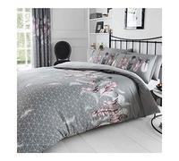 FAIRWAYUK Grey Feathers King Size Duvet Cover Set - Poly Cotton Printed Bedding with Matching Pillowcase, Ultra Soft Breathable, Reversible Quilt Covers Set, Button Closure, 230x220cm