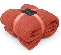 FAIRWAYUK Waffle Honeycomb Throw Fleece Blankets, 100% Polyester Warm Faux Fur Throws Over Sofa Bed Settee Soft Blanket, Extra Large (Rust, Single Size 130x150cm)