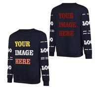 FAIRWHALE Customizable Unisex Euro-Sized Pullover Sweatshirt with Front and Back + Double Sleeve Print, Navy Blue, One size