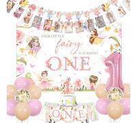 Fairy 1st Birthday Party Decorations - Our Little Fairy's Turning One Backdrop, Photo Banner, High Chair Banner, Cake Topper, Balloons, Pink Floral First Birthday Party Decorations