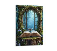 Fairy And Book in Forest Wall Art, Artistic Print, Fantasy Poster, Unique Canvas Picture Artistic Wall Mural Modern Hanging Decor Poster16x24inch(40x60cm)