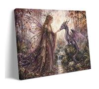 Fairy And Dragon in Enchanted Autumn Forest Fantasy Poster 12x18in | Purple dragon, gold-trimmed gown, mossy stream and ferns, plum and amber palette, reading nook or study display