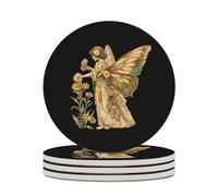 Fairy And Flower Round Ceramic Coasters Non-Slip Cork Base Drinks Holder Craft 4PCS