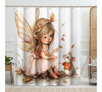 Fairy and Mouse Shower Curtain, Pastel Colors Autumn Decor for Bathroom, Fanciful Design Waterproof Fabric Shower Curtain with Hooks 72x72 Inch