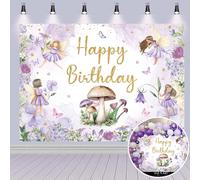 Fairy Birthday Backdrop 8x6FT Girl Purple Flowers Butterfly Mushroom My Fairy First Photography Background Little Princess Tale Theme Birthday Party Decor Photo Props