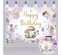 Fairy Birthday Backdrop for Girl Purple Flowers Butterfly Mushroom My Fairy First Photography Background Little Princess Tale Theme Birthday Party Decor Photo Props (6x4FT: 72x48 inch)
