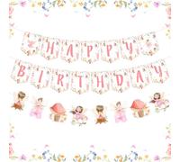 Fairy Birthday Banner Decorations for Girls, Fairy Garland Happy Birthday Decors, Pink Floral Theme Hanging Banners Bday Party Supplies for 1 2 3 4 5 6 Year Old Girl