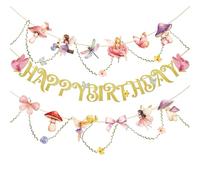 Fairy Birthday Banner Fairy First Birthday Party Decorations for Girls Women Butterfly Mushroom Paper Garland with Leaf Vine String for Baby Shower Wonderland Spring Summer Garden Tea Party Supplies