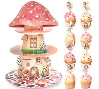 Fairy Birthday Party Decorations 3 Tier Mushroom Cupcake Stand with Fairy Theme Cupcake Toppers Fairies Garden Party Cake Decoration for Woodland Fairies Theme Birthday Parties Baby Shower Supplies