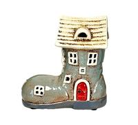 Fairy Boot House Candle Holder 14x15x8cm Grey Glazed Ceramic Tealight Decoration Sculpture