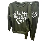 FAIRY BOUTIQUE Ladies All We Need Is Love Slogan Sweatshirt and Cuffed Bottom Joggers Coord 2Pcs Set Outerwear Fleece Tracksuit (Khaki UK 8-10)